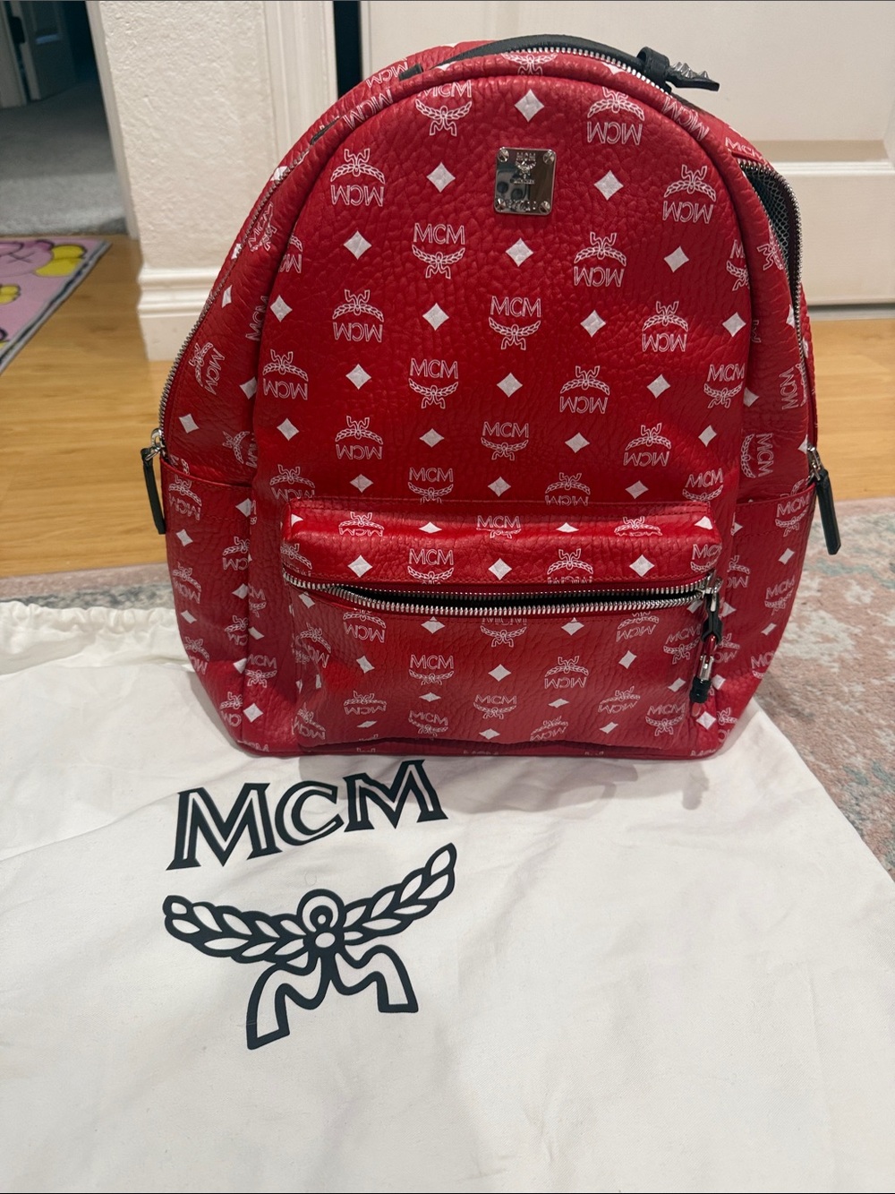 MCM Red Logo Print Mini Backpack